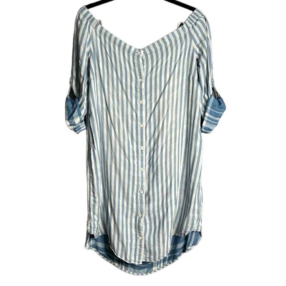Cloth & Stone Blue and White Striped Off Shoulder Buttoned Front Shirt Dress Med